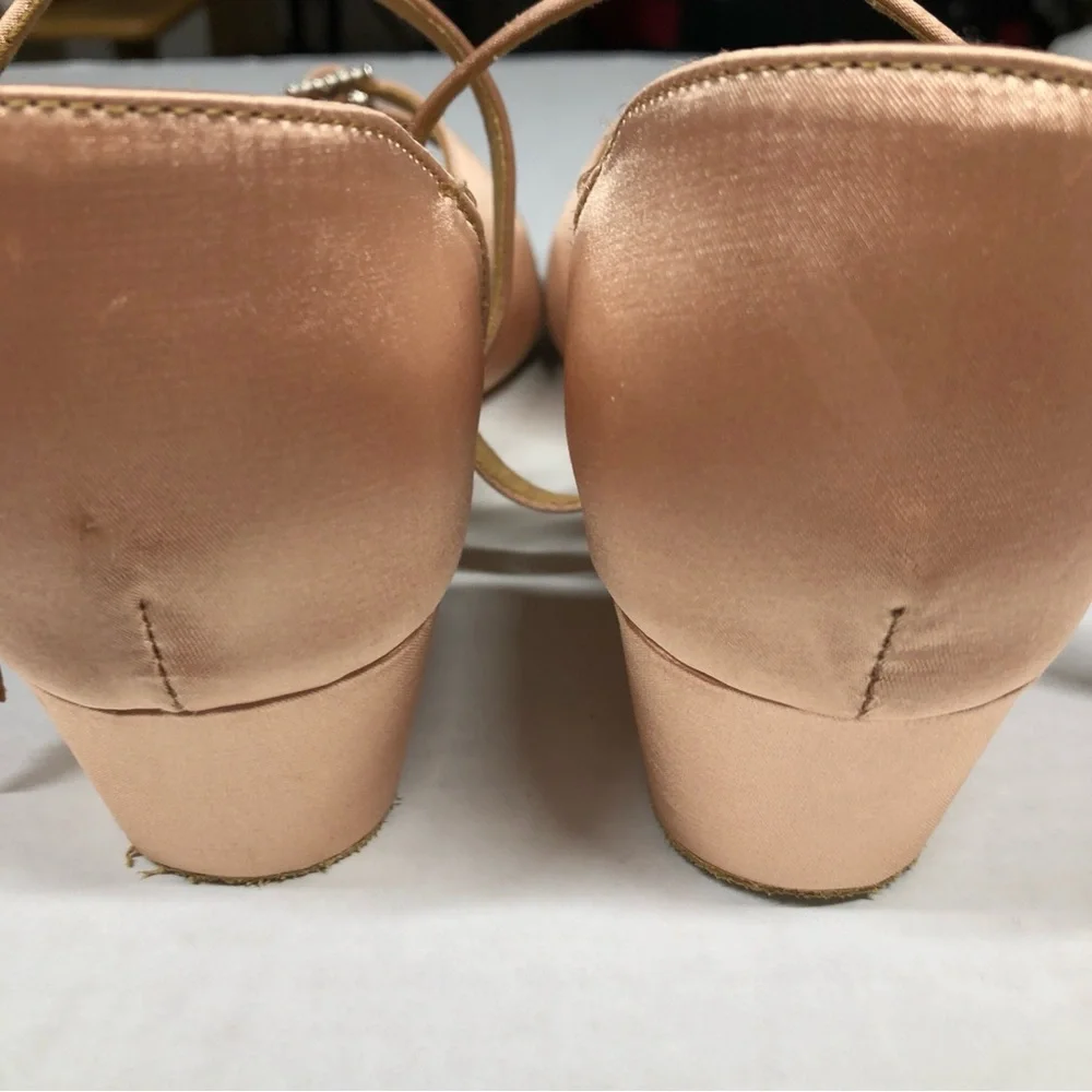 Dance Shoes 7.5 Nude Satin Sandals Rhinestone Buckles 1.5 inch heels Beige Danza - Picture 5 of 9
